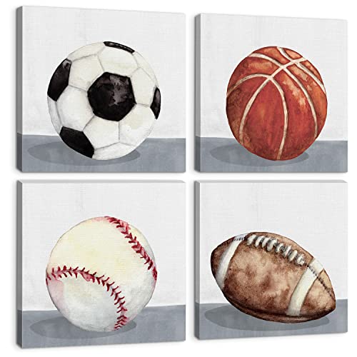 Boys Room Wall Decor Sports Decor for Boys Bedroom Rustic Soccer Football Baseball Basketball Canvas Pictures Kids Wall Art Vintage Ball Painting Nursery Playroom Artwork Home Decorations 12x12" 4 Pcs - color: Ball Sports, size: 12x12in