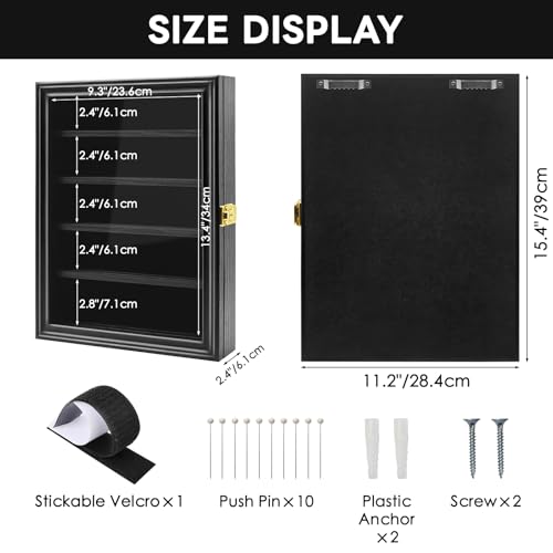 Military Challenge Coin Display Shadow Box Holds Up to 70 Coins, Lockable Wall-Mounted Cabinet for Medals, Pins, Patches & Ribbons, Removable Shelves, Pinnable Velvet Backing, UV Acrylic Door(Black) - size: L-5 Rows