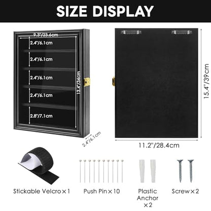 Military Challenge Coin Display Shadow Box Holds Up to 70 Coins, Lockable Wall-Mounted Cabinet for Medals, Pins, Patches & Ribbons, Removable Shelves, Pinnable Velvet Backing, UV Acrylic Door(Black) - size: L-5 Rows