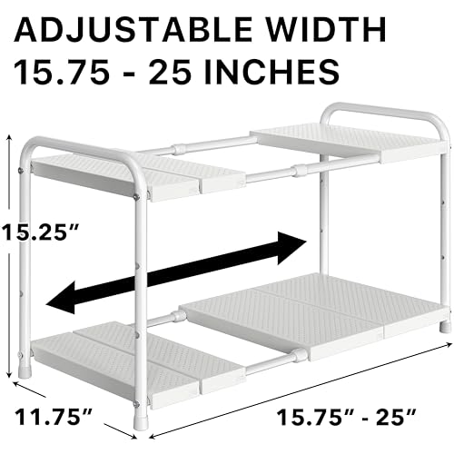 Simple Houseware Under Sink 2 Tier Expandable Heavy Duty Metal Shelf Organizer Rack, White (Expand from 15 to 25 inches) - color: White