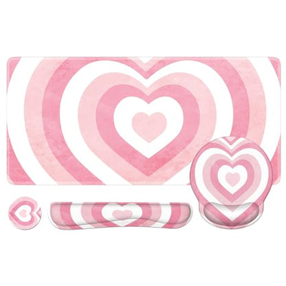 iLeadon Pink Desk Mat, Desk Pad + Pink Mouse Pad with Wrist Rest + Keyboard Wrist Rest + Coaster, 4in1 Mouse Pad Set, Mouse and Keyboard Pad for Home Office, Heart Pink - color: Heart Pink