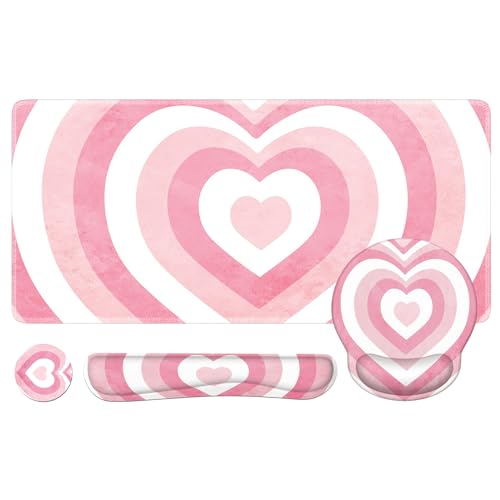 iLeadon Pink Desk Mat, Desk Pad + Pink Mouse Pad with Wrist Rest + Keyboard Wrist Rest + Coaster, 4in1 Mouse Pad Set, Mouse and Keyboard Pad for Home Office, Heart Pink - color: Heart Pink