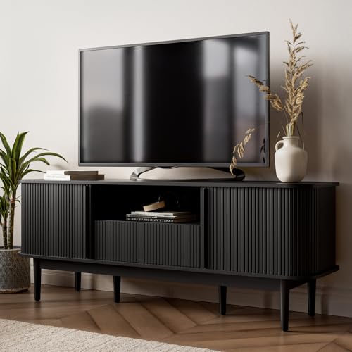 MAISONARIA 63" Black TV Stand, Fluted Entertainment Center for TVs up to 70'', Modern TV Stand with Storage, Entertainment Center with Sliding Doors, Wood Media Console for Bedroom, Living Room - color: Black