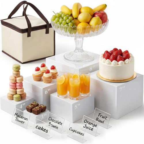 DomeStar 6PCS White Acrylic Buffet Risers with Mini Sign, Food Risers Dessert Table Display Set for Buffet Table Party Catering Cupcake Cake Jewelry, Nesting Boxes for Food Display (8" 7" 6" 5" 4" 3") - color: white