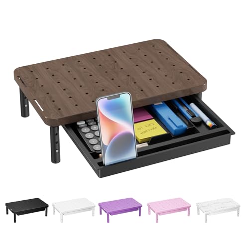 WALI Plastic Computer Monitor Stand with Storage, Desk Monitor Riser 3 Height Adjustable, Laptop Riser with Airflow Vents, Desk Organizer for Computer, Laptop, Printer (PTT002-C), 1 Pack, Brown - color: Brown, size: 14.6"L * 9.3"W,11" 1 Drawer