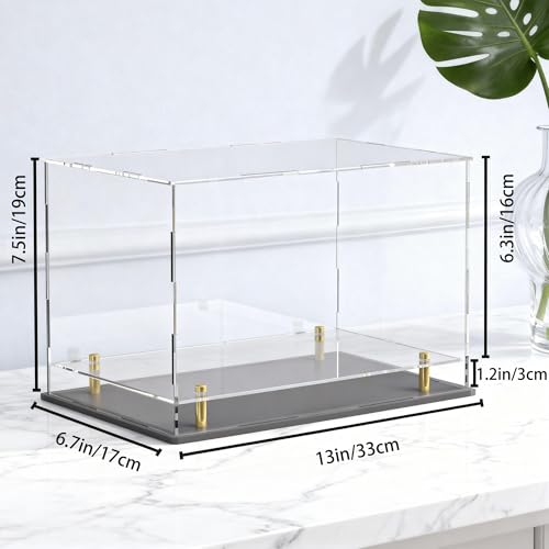 Acrylic Display Case for Collectibles, Dustproof Acrylic Box with Clear Display Elevation & Gold Risers, Large Display Case for Figures Toys Memorabilia, 13" L x 6.7" W x 7.5" H - size: 13"L x 6.7"W x 7.5"H