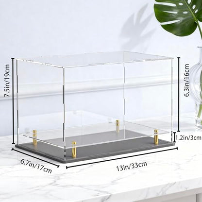 Acrylic Display Case for Collectibles, Dustproof Acrylic Box with Clear Display Elevation & Gold Risers, Large Display Case for Figures Toys Memorabilia, 13" L x 6.7" W x 7.5" H - size: 13"L x 6.7"W x 7.5"H