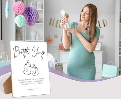 Baby Shower Game Bottle Chug Sign, 8×11 Inches Wooden Sign With Stand, Gender Neutral Tabletop Decor for Gender Reveal Party Decorations, Baby Shower Favor Supplies for Boy Girl-11 - style: Bottle Chug