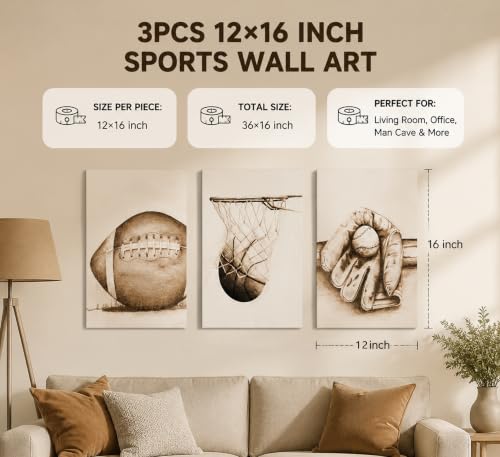 3Pcs Sports Wall Art Football Baseball Basketball Theme Painting Picture Wall Decor Vintage Sport Poster Print Artwork for Boy Room Playroom Bedroom Gameroom Home Decoration - color: Vintage Ball, size: 12" × 16" Canvas