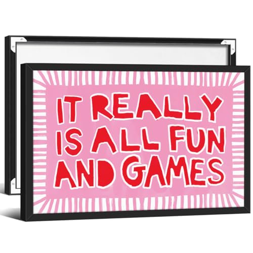Pink Fun Ironic Quote Wall Art It Really Is All Fun and Games Poster 24x36 inch Black Framed Coquette Fashion Preppy Aesthetic Canvas Prints for Playroom Apartment Wall Decor - color: pink-2, size: 36"L x 24"W, style: Framed