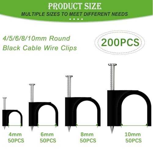 mxuteuk 200PCS Cable Clips with Steel Nails,4/6/8/10mm Round Black Cable Wire Clips,Wall Clips for Cords,Cable Cord Clips for RG6 RG59 CAT6 RJ45 - color: Black-200PCS 4/6/8/10mm