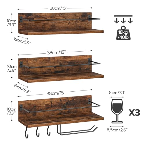 HOOBRO Wall Mounted Wine Rack 3 Pack, Wine Shelf Hanging Floating Wall Shelves, Wine Glass Bottle Rack Stemware Holder, for Living Room, Dining Room, Kitchen, Rustic Brown and Black BF33BJ01