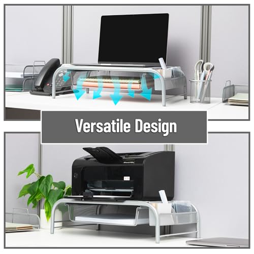 Mind Reader Monitor Stand, Ventilated Laptop Riser, Paper Tray, Storage, Office, Metal Mesh, 20"L x 11.5"W x 5.5"H, Silver - color: Silver