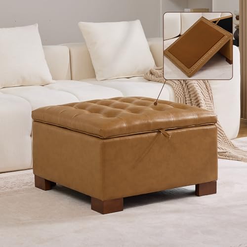 WUTUTUEE 30" Faux Leather Square Storage Ottoman with Wooden Tray, Modern Tufted Button Footstool Coffee Table, Upholstered Large Ottoman for Living Room, Bedroom, Brown - color: Brown-pu, size: 30 Inch