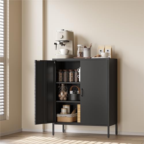 COFaR Black Metal Storage Cabinet, 40” Industrial Kitchen Organizer & Buffet Sideboard, 3-Tier Steel Cabinet with Adjustable Shelves, Magnetic Doors for Coffee Bar, Office, Dining Room - color: Black, size: 40"H