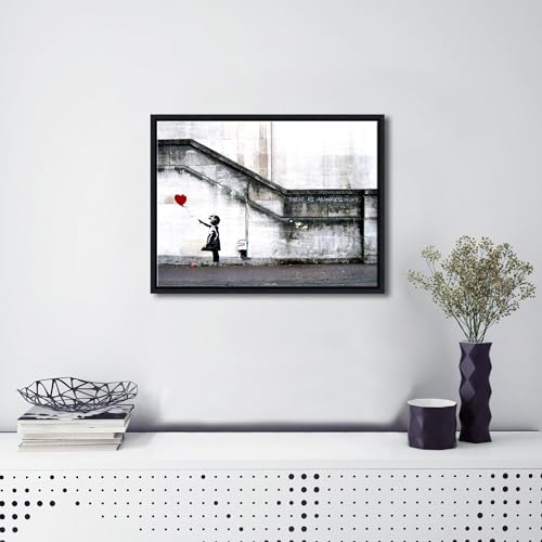 Wieco Art Framed Canvas Wall Art Giclee Canvas Prints of Banksy Grafitti Girl with Red Balloon Abstract Artwork for Wall Decor Home Decorations Black Frame - size: 16"L x 12"W