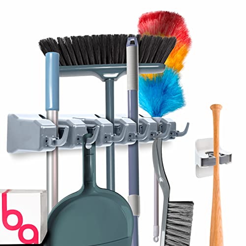 Combo 5 Slot Broom Holder w/ 1 Self Adhesive Mop Gripper No-Drilling, Wall Mount Tool Organizers For Kitchen, Garage, Laundry Room- Anti-Slip Hanger For Brooms, Mops, Rakes, Dustpans (Grey / White) - color: Grey, size: 1 Pack w/ Small Broom Holder
