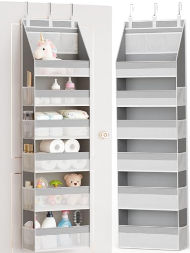 Criusia Over The Door Organizer, Heavy-Duty 6-Shelf Hanging Storage with 13 Mesh Pockets, 55lbs Capacity Behind The Door Storage for Nursery, Bathroom, Bedroom, and Dorm, Grey - color: Grey, size: 1 PACK