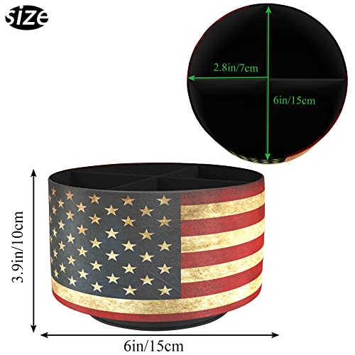 Round Leather Art Supply Organizer,Remote Control Holder,360 Degree Rotating,Multi-Functional Pencil Holder,4 Compartments Desktop Stationary Organizer(1-American Flag) - color: 1-American Flag