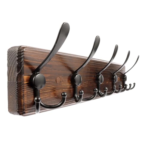 Coat Rack Wall Mount 16.8'' Rustic Hat Rack with 5 Triple Hooks Coat Hooks Wall Mount Farmhouse Wall Hooks for Hanging Coat, Bags, Towels - color: Brown Plate & Black Hook, size: 1 Item-5 Hooks