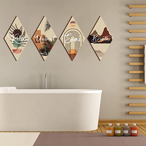 FairySandy 4 Pcs Boho Bathroom Wall Decor 11.8 x 6.69 Inch Bohemian Restroom Wall Art Bathroom Rustic Decoration Farmhouse Minimalist Relax Soak Unwind Breathe Sign for Bedroom Living Room(Boho) - style: Boho