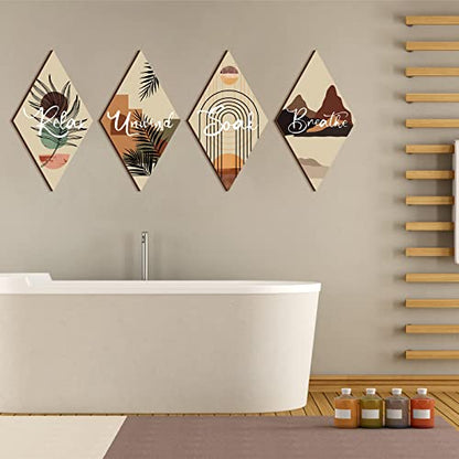 FairySandy 4 Pcs Boho Bathroom Wall Decor 11.8 x 6.69 Inch Bohemian Restroom Wall Art Bathroom Rustic Decoration Farmhouse Minimalist Relax Soak Unwind Breathe Sign for Bedroom Living Room(Boho) - style: Boho