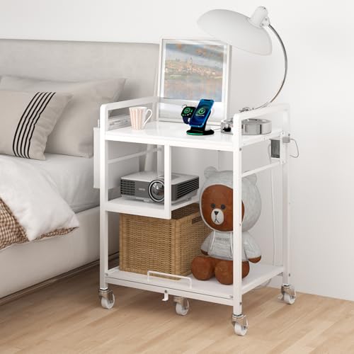 Sedegn Large Printer Stand with Wheels: Lockable Rolling Printer Cart | 24 x 18 Inch Top Fits Laser Printers Shredders and PC Towers 3-Outlet Power Strip and Storage Bag for Home Office (White) - color: Matte White