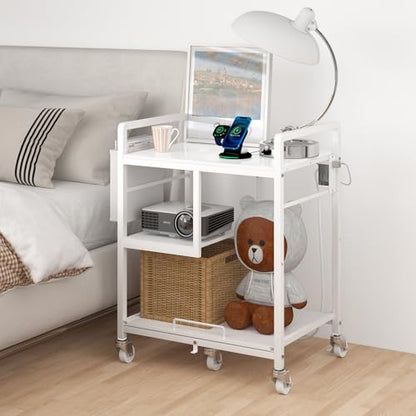 Sedegn Large Printer Stand with Wheels: Lockable Rolling Printer Cart | 24 x 18 Inch Top Fits Laser Printers Shredders and PC Towers 3-Outlet Power Strip and Storage Bag for Home Office (White) - color: Matte White