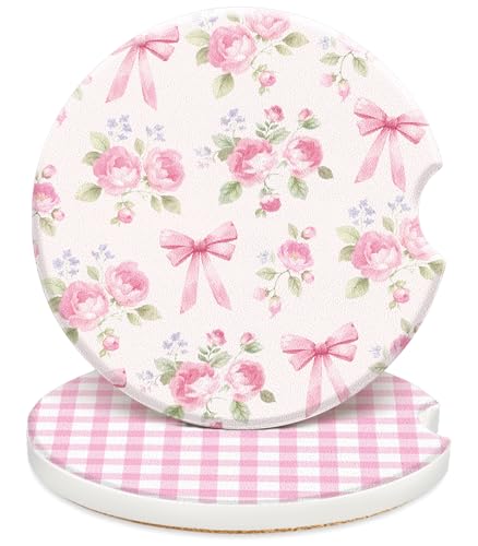 Swooflia Car Coasters for Women - Pink Bow Checkered Ceramic Car Cupholder Coaster Absorbent Mat Coaster with Cork Base 2 Pack 2.55 inch Automotive Cup Holder Accessories New Driver Gifts for Decor - color: Pink Checkered & Pink Bow