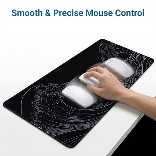 Large Gaming Mouse Pad 31.5x11.8 inch, 3mm Thick Non-Slip Rubber Base with Stitched Edges, Japanese Wave Style Desk Mat for Office, Home, Game