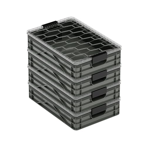 SIDIO Quarter Crate 4 Pack of Stackable Storage Bins - Organizer Bins with Dividers for Garage Organization, Home Storage - Heavy Duty Plastic Containers - 19.16” x 12.75”x 4.57” (Stealth) - color: Stealth