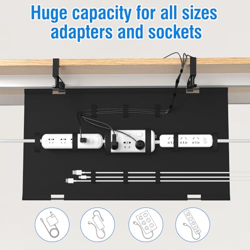 No Drill Under Desk Cable Management Tray, 20" Cord Management Tray with Cable Loop, Upgraded Oxford Fabric Wire Management for Standing Desk - No Damage to Table - size: 20 inch