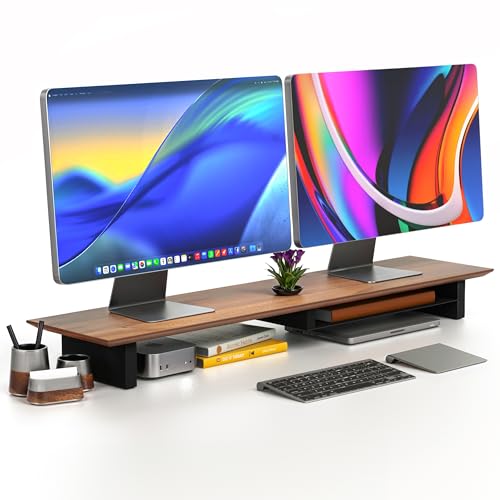 COREMINDED Solid Wood Dual Monitor Stand Riser, 42 Inch Walnut Desk Shelf | Fits 2 Monitors, Sturdy & Stable Solid Wood, Under Monitor Keyboard Storage, Office Desktop Organizer, Easy Assembly, Walnut - color: Walnut
