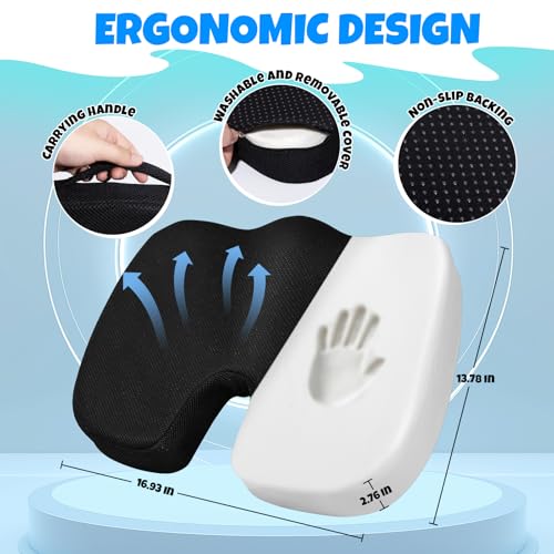 Ergonomic Seat Cushion with Memory Foam for Office Chair, Car Seat, Non-Slip Cushion, Sciatica & Tailbone Relief, Breathable Mesh Cover, Portable Handle - Black