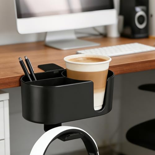 MYITYARD 4 in 1 Desk Cup Holder, Clamp On Drink Holder with Headphone Hanger, Anti-Spill Clip on Desk Organizer for Pen Phone Mug, Gaming Office Desk Accessories fits Most Desks - color: Black-2 with Headphone Hanger