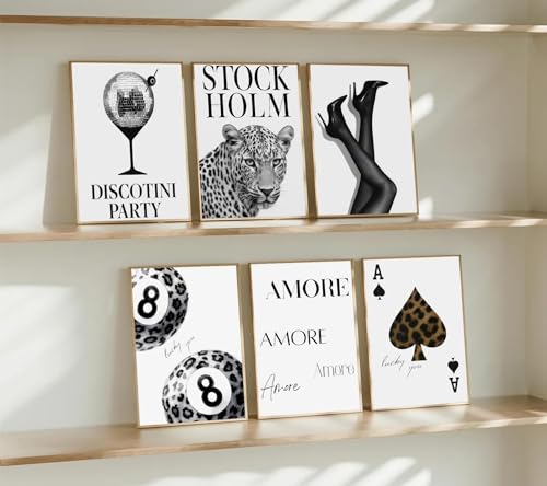 6pcs Stylish Black White Leopard Print Poster Wall Art Fashionable Lucky 8 Ball Painting Picture Wall Decor Cheetah Disco Ball Poster Print Artwork for Girls' Bedroom Apartment Dorm Home Decoration