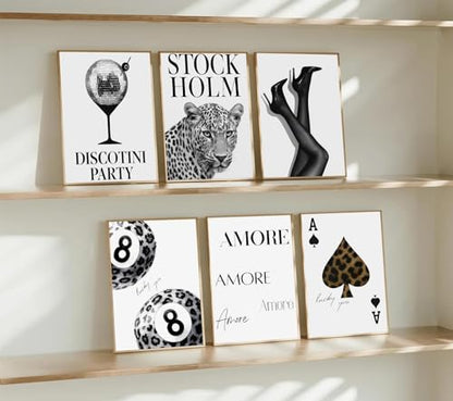 6pcs Stylish Black White Leopard Print Poster Wall Art Fashionable Lucky 8 Ball Painting Picture Wall Decor Cheetah Disco Ball Poster Print Artwork for Girls' Bedroom Apartment Dorm Home Decoration