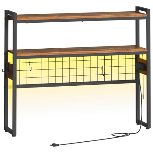 HOOBRO Desktop Bookcase, 37.4" Large Desk Shelf, 2-Tier Desktop Organizer, Wooden Office Storage Rack with Outlets, Display Shelf Rack with Light Strip, Desk Hutch for Office, Rustic Brown BF13UDSJ01 - color: Rustic Brown + Black, size: 37.4"D