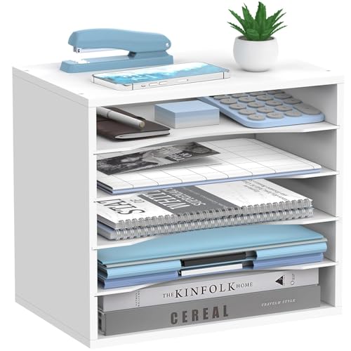 5-Tier Wood Desk Organizer, Paper Tray Organizer for Desk with Adjustable Storage Shelves, Desktop Mail Organizer and Paper Sorter Mail Holder for Office Home Classroom, White - color: White, size: 5 Tier