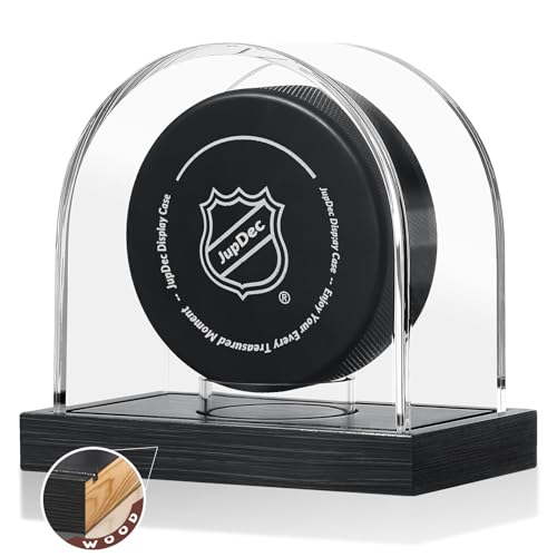 JupDec Hockey Puck and Collectibles Display Case, Premium Acrylic Clear Box Puck Holder with Mahogany Wood Base, Showcase for Autographed Souvenir Memorabilia, Collectible Figure Stand, Black - size: 1 Pack