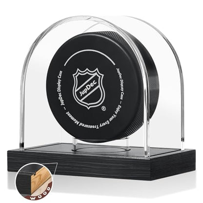 JupDec Hockey Puck and Collectibles Display Case, Premium Acrylic Clear Box Puck Holder with Mahogany Wood Base, Showcase for Autographed Souvenir Memorabilia, Collectible Figure Stand, Black - size: 1 Pack