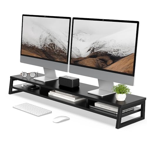 Fenge Dual Monitor Stand for Desk, 42.5in Large Monitor Riser for 2 Monitors, 2 Tier Computer Office Desk Top Shelf, Desktop Storage Stand for Laptop, PC, Computer, Printer - color: Black