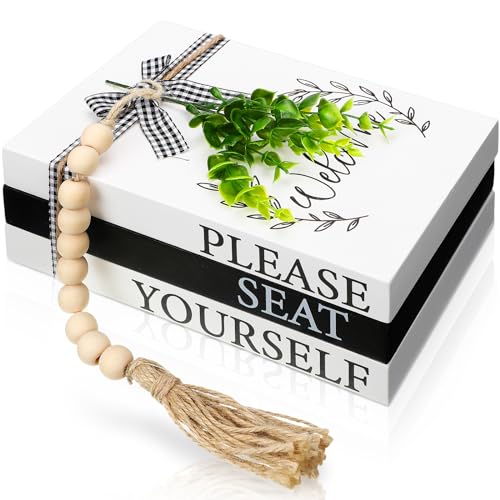 Capoda 3 Pcs Decorative Books for Home Decor Farmhouse Faux Stacked Books Wooden Rustic Table Decor with Bead Garland Twine Ribbon Faux Leaf for Table(Welcome) - style: Welcome