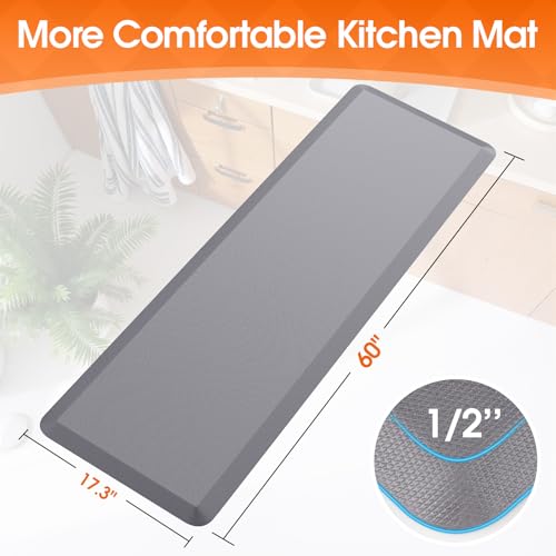 TranquilRelax Kitchen Mat, Thick Floor Comfort Anti-Fatigue Mat, Non-Slip, Water Resistant, Stain Resistant, Easy Clean, for Kitchen, Sink, Office,Home (17.3''x60'', Grey) - color: Grey, size: 60"L x 17.3"W x 0.5"Th