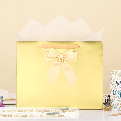 Powbrace Gold Bags with Handles, 13" Medium Gift Bag Set - 1 Gift Bag with Bow, 2 Tissues & Greeting Card for Wedding Baby Shower Fathers Day Mothers Day Birthday Party - color: 1Pcs Gold Glossy Gift Bag, size: 1 count (Pack of 1)