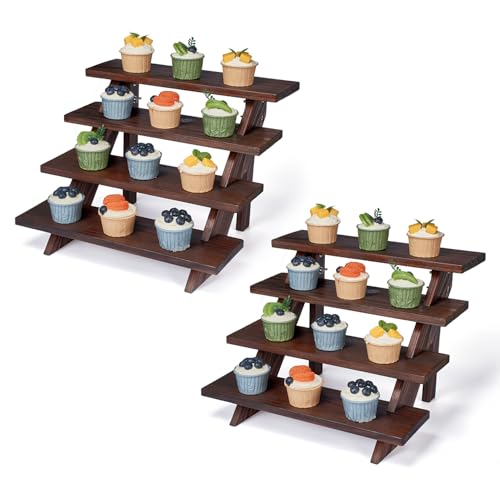 DAOYOUSKY 2Pcs Wooden Rustic Cupcake Stand for 24 Cupcakes, Stepped Wood Display Stand for Weddings, Tiered Party Table Display Riser for Food , Dessert, Cookie, Decor, Craft Show, Brown - color: Brown - 2Pcs