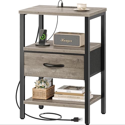 SUPERJARE Nightstand with Charging Station, Bed Side Table with Adjustable Fabric Drawer, Night Stand for Bedroom, 3-Tier Storage End Table, for Living Room, Oak - color: Oak, size: M (11.8"D x 15.7"W x 23.4"H)