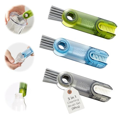 Multifunctional 3-in-1 Cleaning Brush for Cups, Bottles & Keyboards – Portable Glass & Lid Gap Cleaner for AirPods, Hard-to-Reach Corners – ABS & Silicone Compact Design (Blue/Dark Grey/Green).