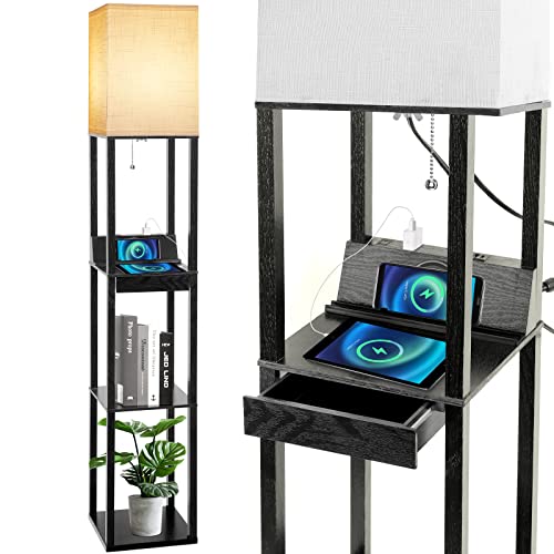 Floor Lamp with Shelves, RUNTOP LED Shelf Floor Lamp with Wireless Charger & 2 Charging USB Ports & Drawer, AC Outlet, 3 Color Temperature Tall Standing Lamp with Bulb for Living Room, Bedroom, Office - color: Black-Wireless Charger + Drawer