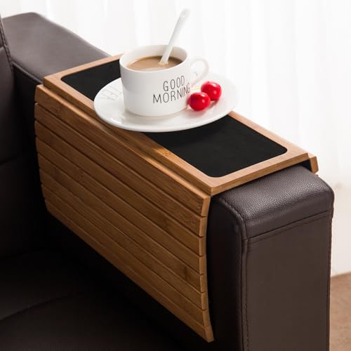 GEHE Couch Arm Tray Table, Flexible/Foldable Sofa Armrest Tray, Couch Armrest Table Cup Holder Great for Drinks Snacks Remote Control, Portable Side Table and Anti-Slip Bottom - color: Natural Bamboo